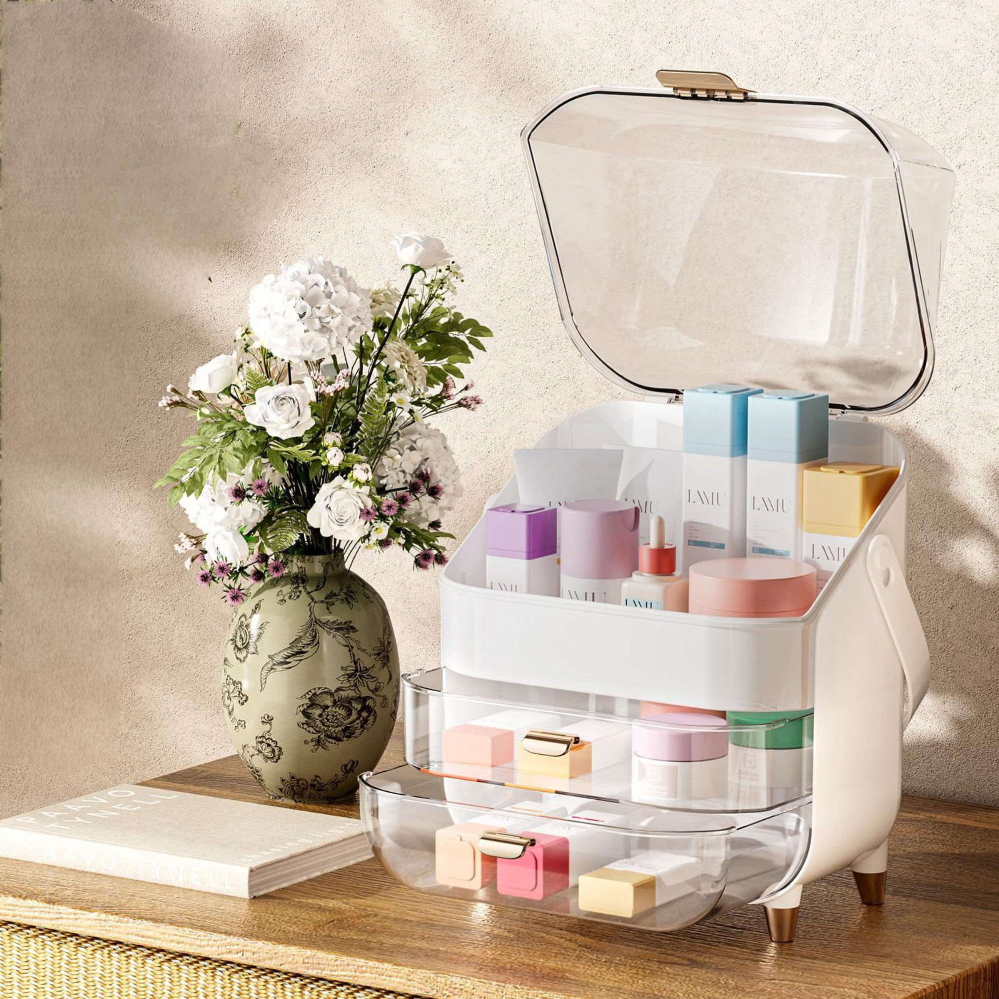 Everly Quinn 2 Drawer Vanity Organizer With Lid Dustproof Skincare Makeup Organizers For Counter Large Capacity Stylish Bathroom Counter Organizer
